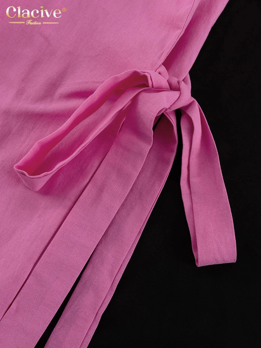 Clacive Casual Loose Pink Cotton Dress Ladies Fashion Lapel Long Sleeve Ankle Length Dress Elegant Lace-Up Dresses For Women