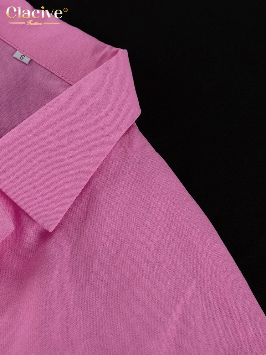 Clacive Casual Loose Pink Cotton Dress Ladies Fashion Lapel Long Sleeve Ankle Length Dress Elegant Lace-Up Dresses For Women