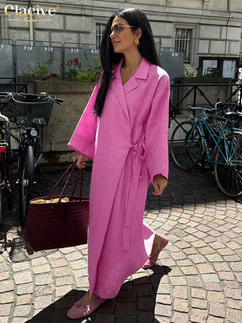 Clacive Casual Loose Pink Cotton Dress Ladies Fashion Lapel Long Sleeve Ankle Length Dress Elegant Lace-Up Dresses For Women