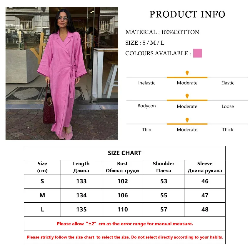 Clacive Casual Loose Pink Cotton Dress Ladies Fashion Lapel Long Sleeve Ankle Length Dress Elegant Lace-Up Dresses For Women