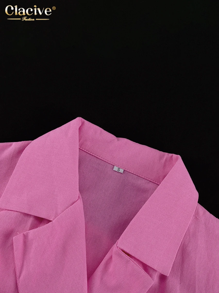 Clacive Casual Loose Pink Cotton Dress Ladies Fashion Lapel Long Sleeve Ankle Length Dress Elegant Lace-Up Dresses For Women
