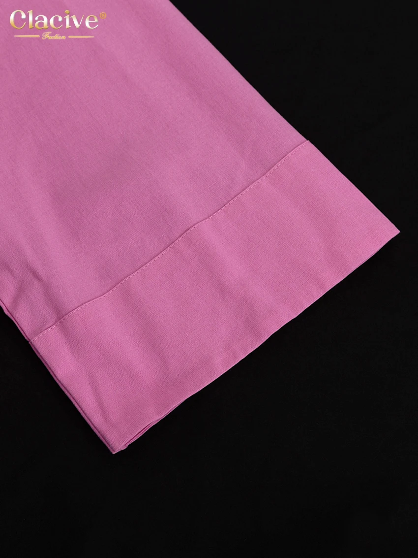 Clacive Casual Loose Pink Cotton Dress Ladies Fashion Lapel Long Sleeve Ankle Length Dress Elegant Lace-Up Dresses For Women