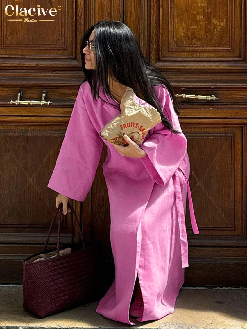 Clacive Casual Loose Pink Cotton Dress Ladies Fashion Lapel Long Sleeve Ankle Length Dress Elegant Lace-Up Dresses For Women