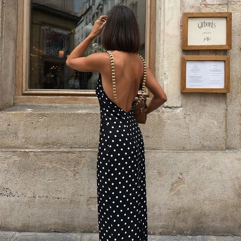 Vintage Beads Backless Black Women's Summer Dress Square Collar Sleeveless Beach Sling Sundress 2026 Lady Holiday Party Robes