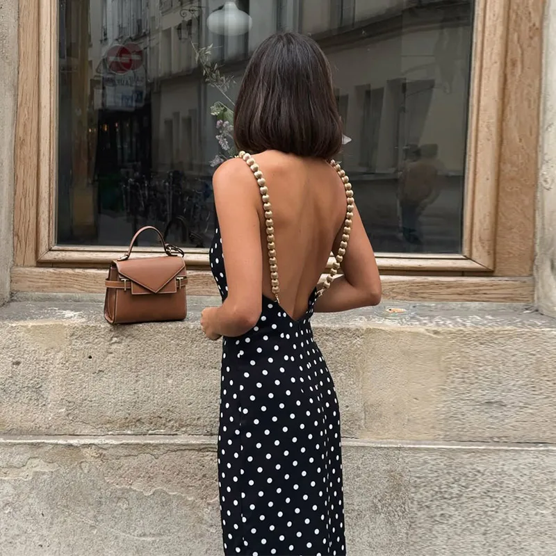 Vintage Beads Backless Black Women's Summer Dress Square Collar Sleeveless Beach Sling Sundress 2026 Lady Holiday Party Robes