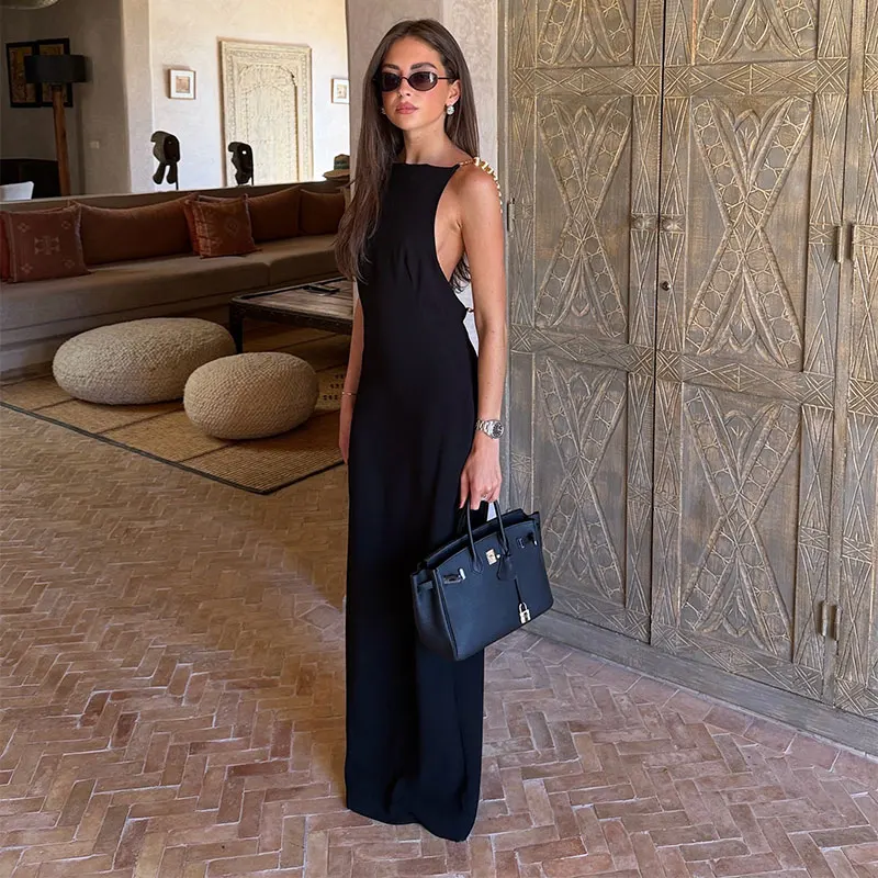 Vintage Beads Backless Black Women's Summer Dress Square Collar Sleeveless Beach Sling Sundress 2026 Lady Holiday Party Robes