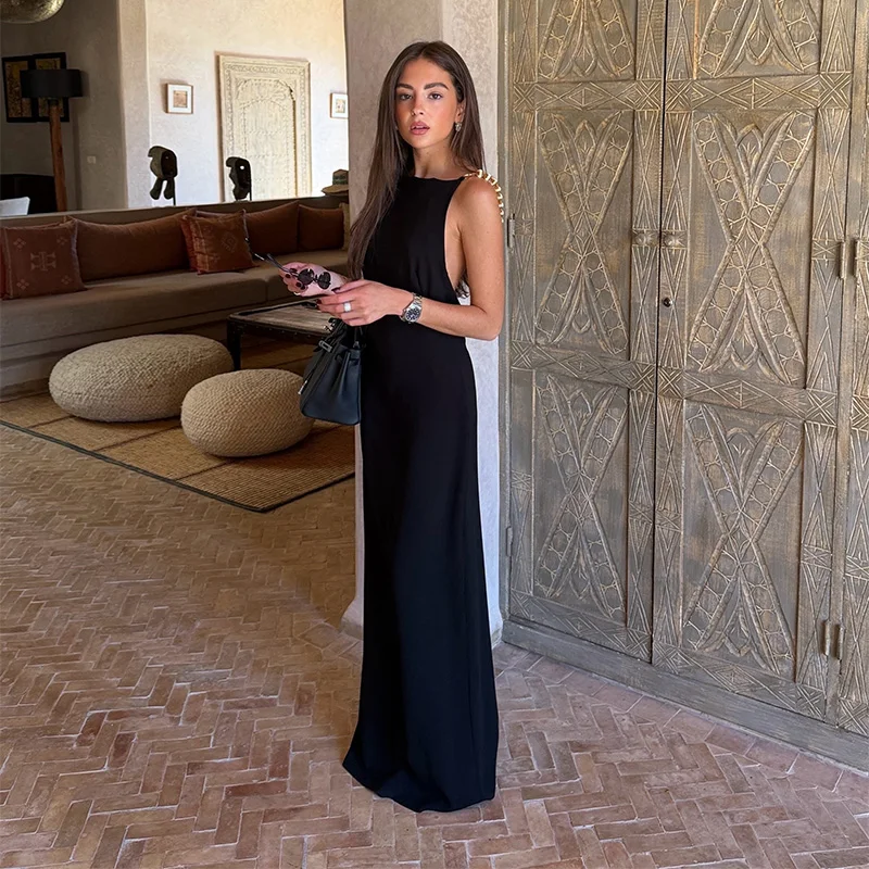Vintage Beads Backless Black Women's Summer Dress Square Collar Sleeveless Beach Sling Sundress 2026 Lady Holiday Party Robes