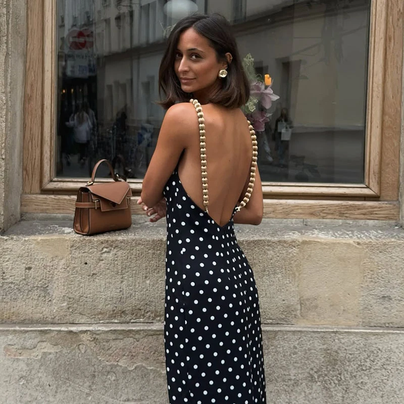 Vintage Beads Backless Black Women's Summer Dress Square Collar Sleeveless Beach Sling Sundress 2026 Lady Holiday Party Robes