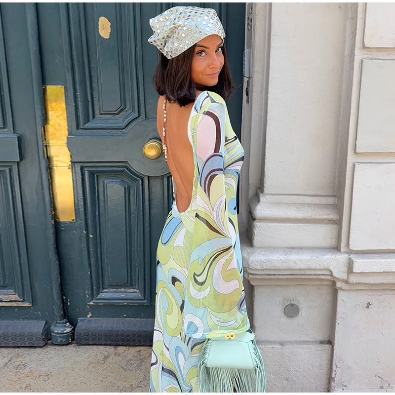 Sexy Print Backless Long Dress Women Round Neck Full Flare Sleeve Bodycon Dresses 2026 Summer Beach Lady Ankle-length Robes
