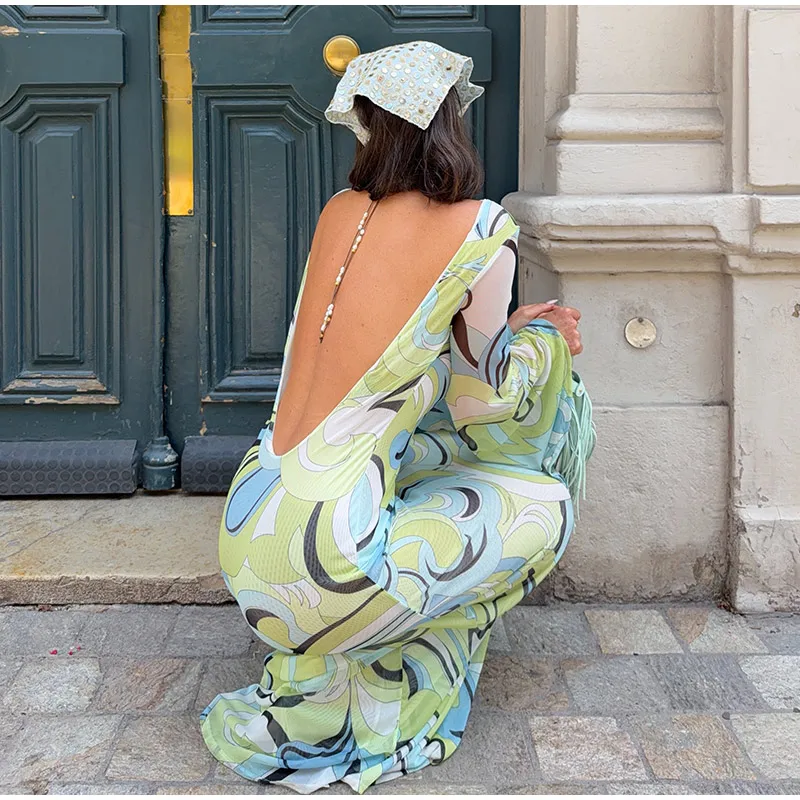 Sexy Print Backless Long Dress Women Round Neck Full Flare Sleeve Bodycon Dresses 2026 Summer Beach Lady Ankle-length Robes