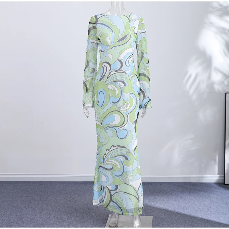 Sexy Print Backless Long Dress Women Round Neck Full Flare Sleeve Bodycon Dresses 2026 Summer Beach Lady Ankle-length Robes