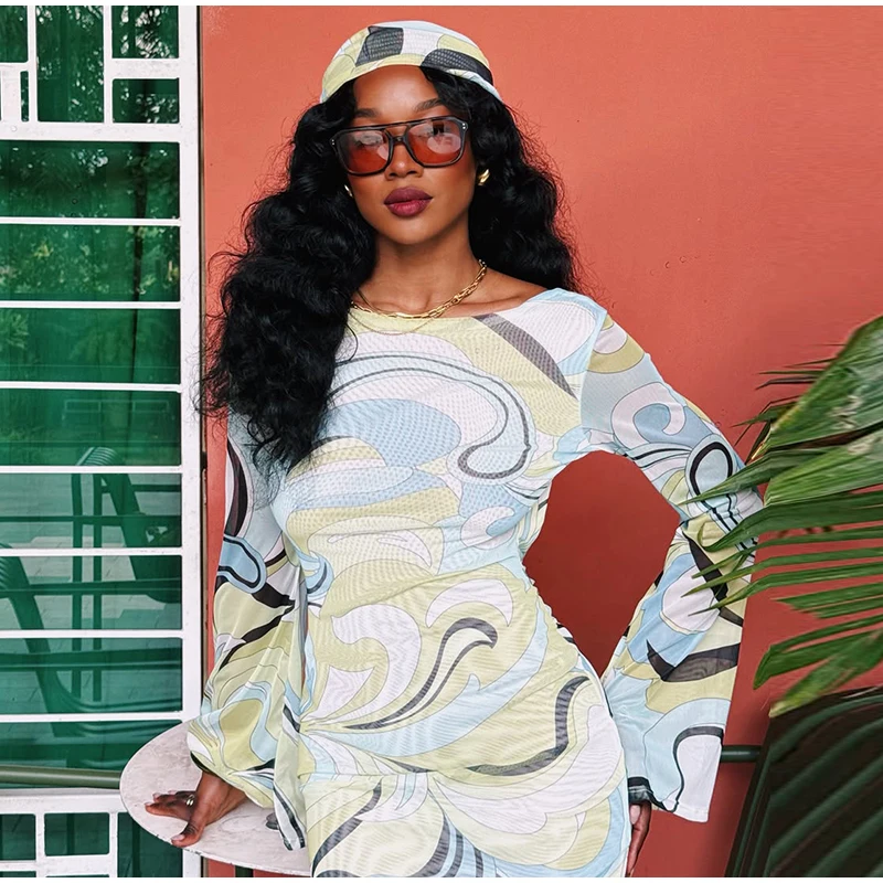 Sexy Print Backless Long Dress Women Round Neck Full Flare Sleeve Bodycon Dresses 2026 Summer Beach Lady Ankle-length Robes