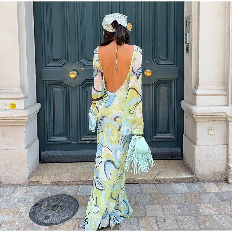 Sexy Print Backless Long Dress Women Round Neck Full Flare Sleeve Bodycon Dresses 2026 Summer Beach Lady Ankle-length Robes