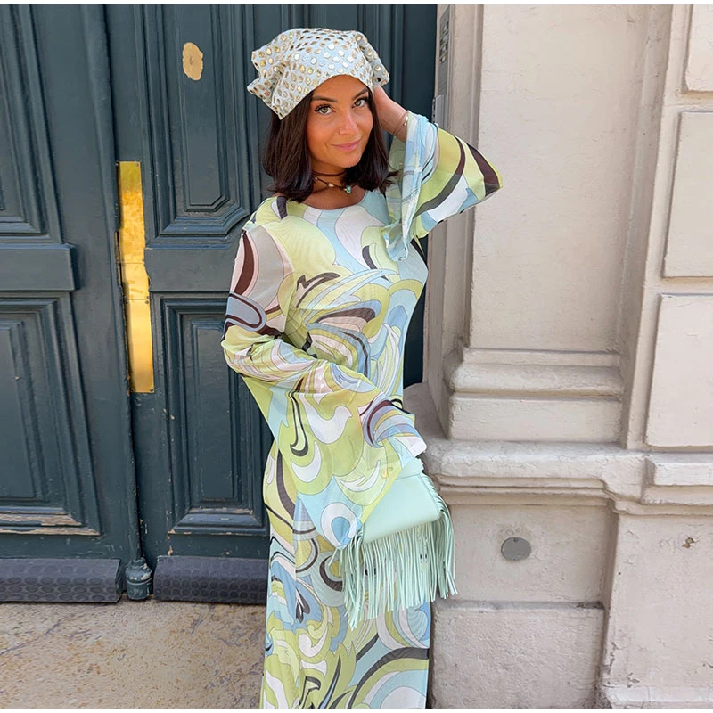 Sexy Print Backless Long Dress Women Round Neck Full Flare Sleeve Bodycon Dresses 2026 Summer Beach Lady Ankle-length Robes