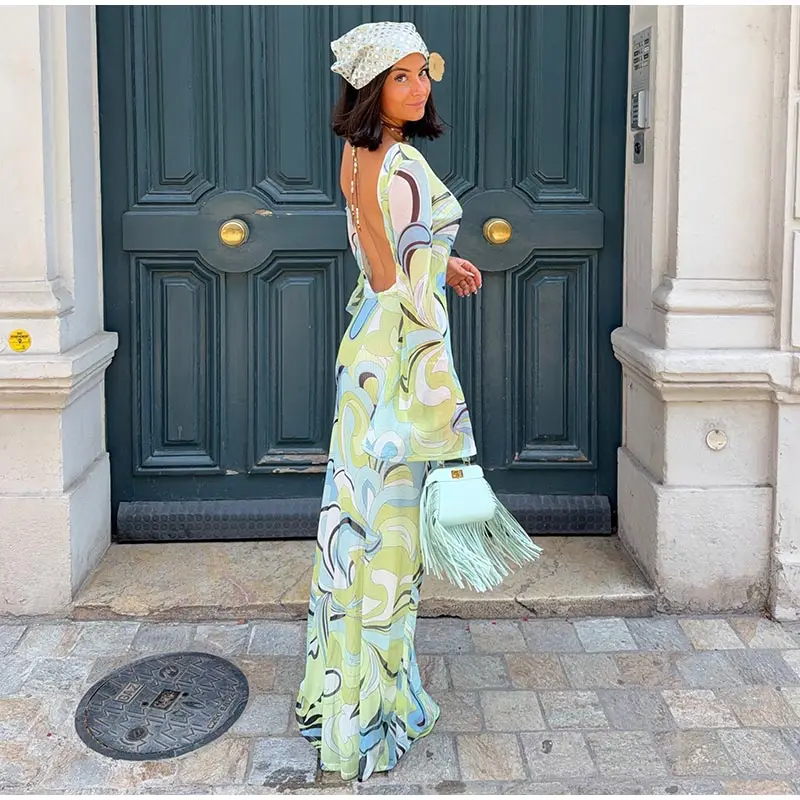 Sexy Print Backless Long Dress Women Round Neck Full Flare Sleeve Bodycon Dresses 2026 Summer Beach Lady Ankle-length Robes