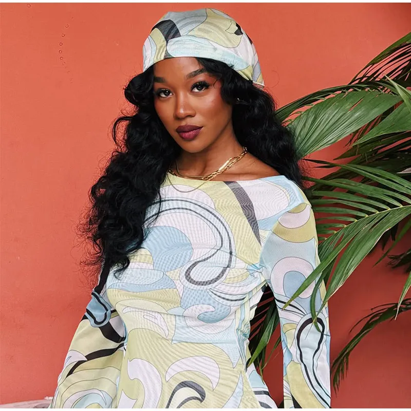 Sexy Print Backless Long Dress Women Round Neck Full Flare Sleeve Bodycon Dresses 2026 Summer Beach Lady Ankle-length Robes