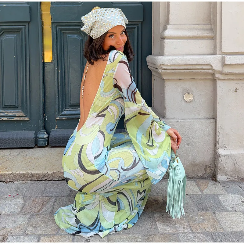 Sexy Print Backless Long Dress Women Round Neck Full Flare Sleeve Bodycon Dresses 2026 Summer Beach Lady Ankle-length Robes