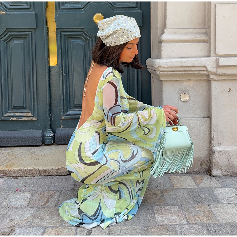Sexy Print Backless Long Dress Women Round Neck Full Flare Sleeve Bodycon Dresses 2026 Summer Beach Lady Ankle-length Robes