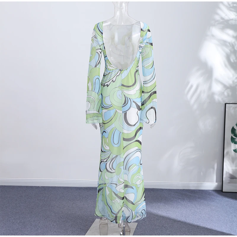 Sexy Print Backless Long Dress Women Round Neck Full Flare Sleeve Bodycon Dresses 2026 Summer Beach Lady Ankle-length Robes