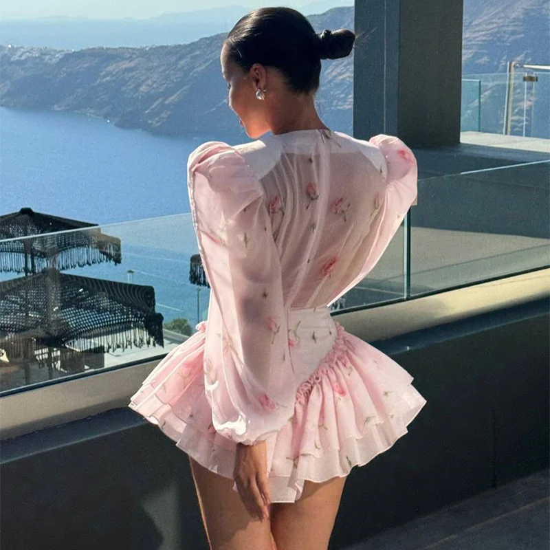 Print Shoulder Pad Waist Cinching Short Dress Women Sexy O-neck Lantern Long Sleeve Cascading Ruffle Slim Dresses Chic Partywear