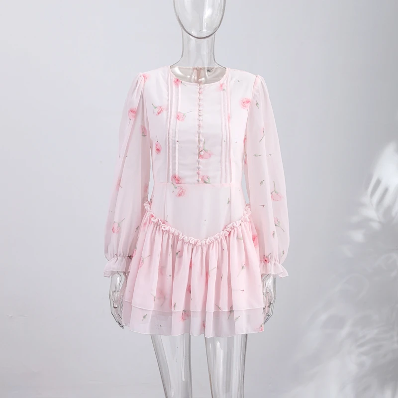 Print Shoulder Pad Waist Cinching Short Dress Women Sexy O-neck Lantern Long Sleeve Cascading Ruffle Slim Dresses Chic Partywear