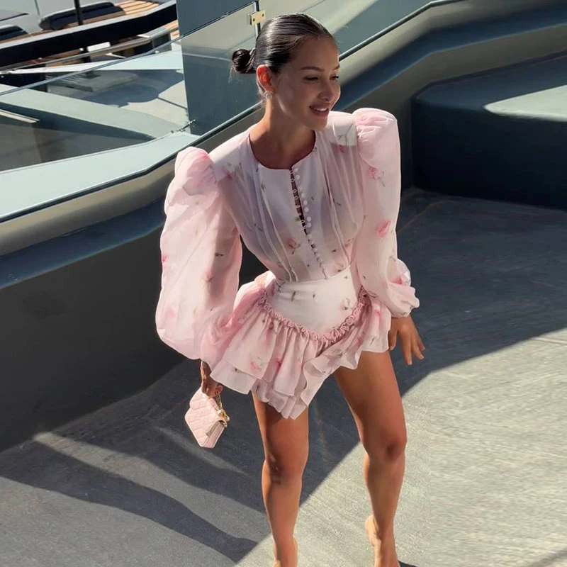 Print Shoulder Pad Waist Cinching Short Dress Women Sexy O-neck Lantern Long Sleeve Cascading Ruffle Slim Dresses Chic Partywear