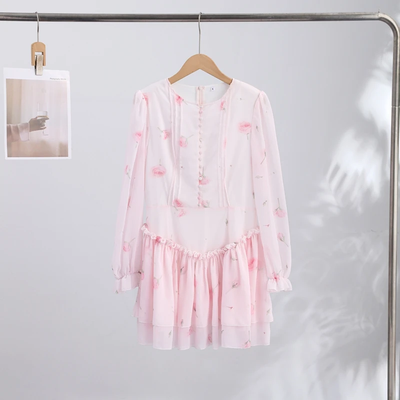 Print Shoulder Pad Waist Cinching Short Dress Women Sexy O-neck Lantern Long Sleeve Cascading Ruffle Slim Dresses Chic Partywear