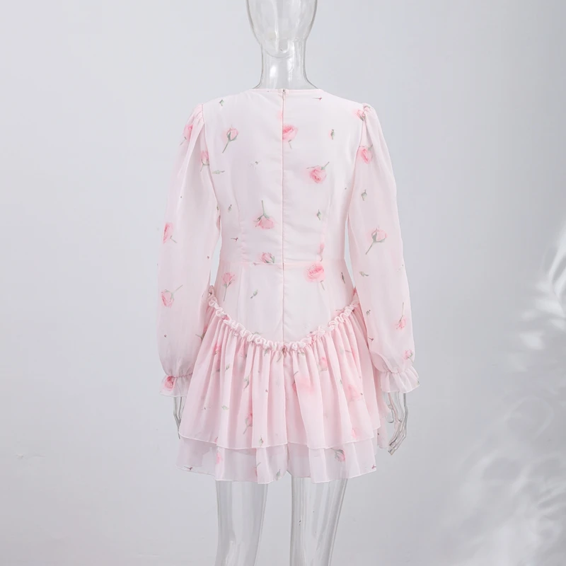 Print Shoulder Pad Waist Cinching Short Dress Women Sexy O-neck Lantern Long Sleeve Cascading Ruffle Slim Dresses Chic Partywear