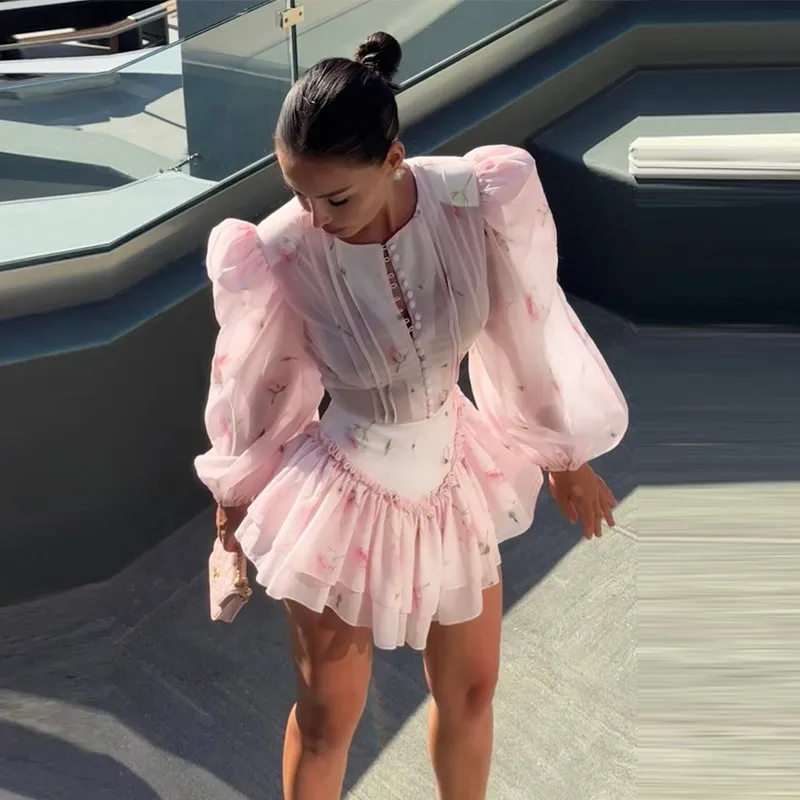 Print Shoulder Pad Waist Cinching Short Dress Women Sexy O-neck Lantern Long Sleeve Cascading Ruffle Slim Dresses Chic Partywear