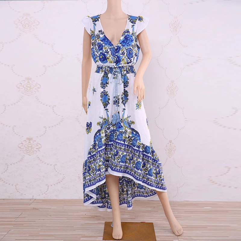 Customizable Duzeala 2022 New Women Summer Boho Beach Maxi Dress Sexy V Neck Vintage Print Long Dresses Casual Sundress Dress