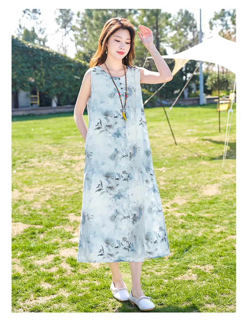 New Fashion Casual Style 2026 Summer Dresses For Women V-neck Cotton Robe Femme Vintage A-line Solid Dress Women Clothing
