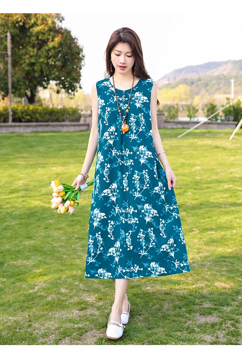 New Fashion Casual Style 2026 Summer Dresses For Women V-neck Cotton Robe Femme Vintage A-line Solid Dress Women Clothing