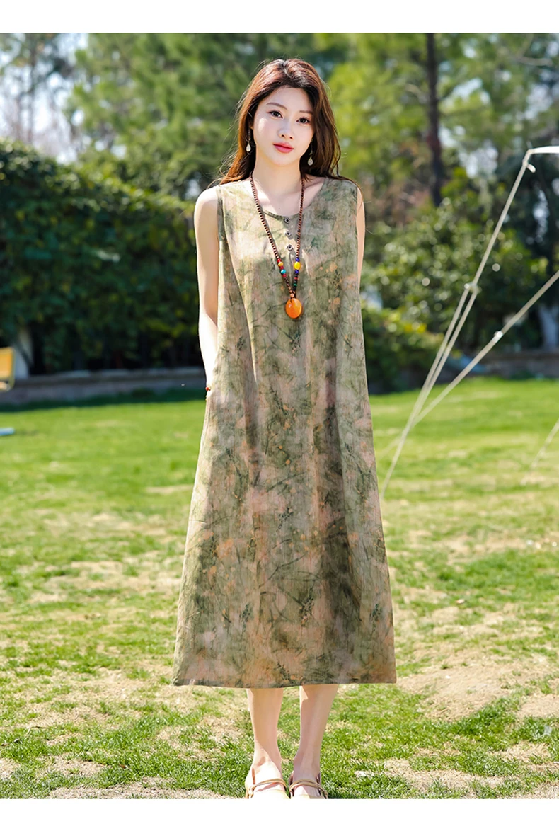 New Fashion Casual Style 2026 Summer Dresses For Women V-neck Cotton Robe Femme Vintage A-line Solid Dress Women Clothing