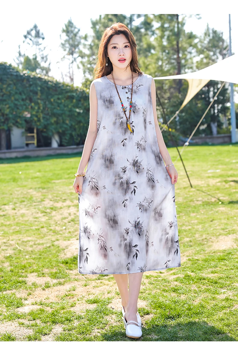 New Fashion Casual Style 2026 Summer Dresses For Women V-neck Cotton Robe Femme Vintage A-line Solid Dress Women Clothing