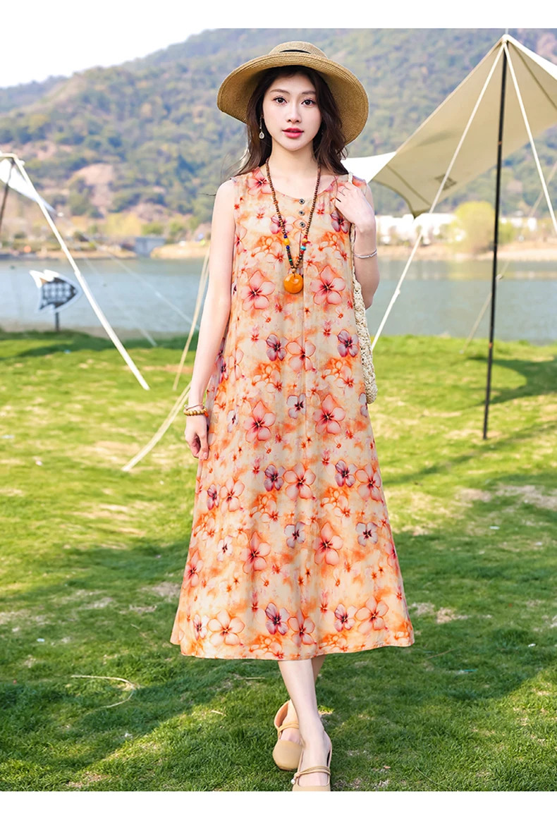 New Fashion Casual Style 2026 Summer Dresses For Women V-neck Cotton Robe Femme Vintage A-line Solid Dress Women Clothing