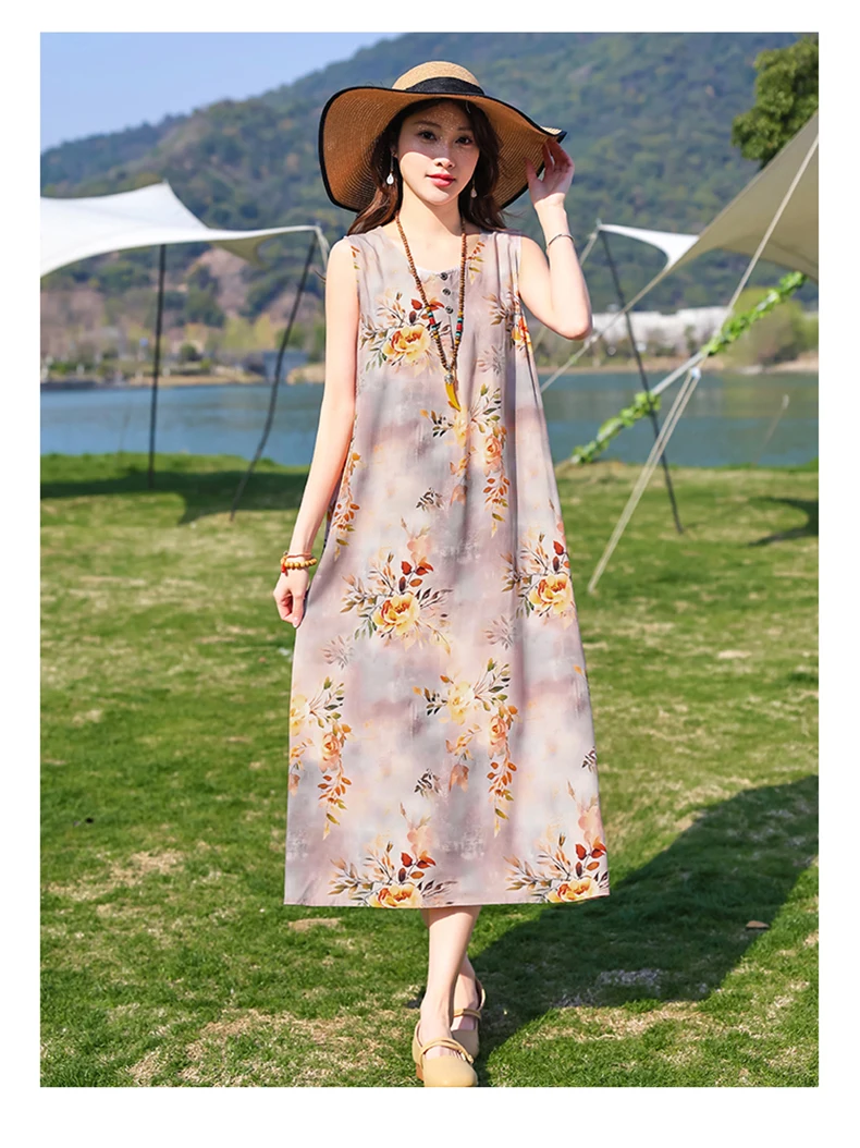 New Fashion Casual Style 2026 Summer Dresses For Women V-neck Cotton Robe Femme Vintage A-line Solid Dress Women Clothing