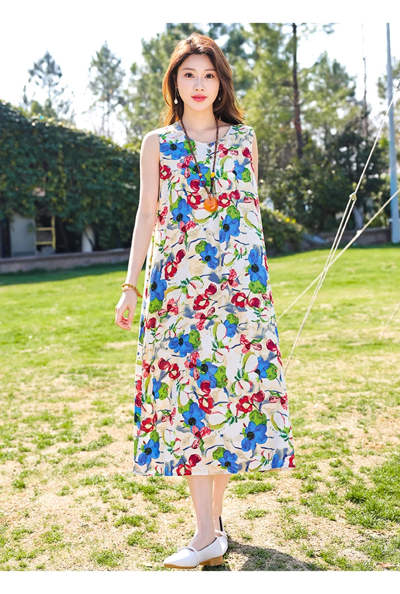 New Fashion Casual Style 2026 Summer Dresses For Women V-neck Cotton Robe Femme Vintage A-line Solid Dress Women Clothing