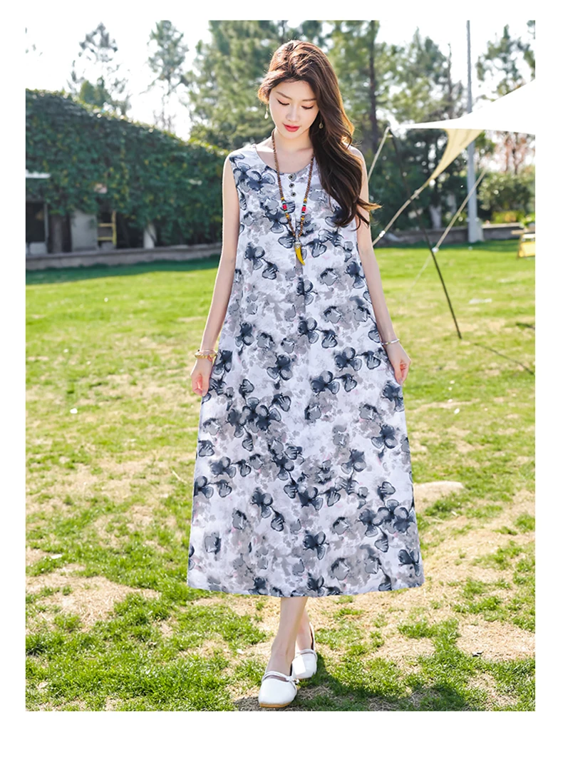 New Fashion Casual Style 2026 Summer Dresses For Women V-neck Cotton Robe Femme Vintage A-line Solid Dress Women Clothing