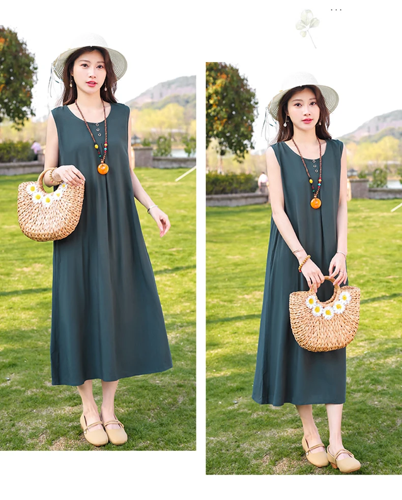 New Fashion Casual Style 2026 Summer Dresses For Women V-neck Cotton Robe Femme Vintage A-line Solid Dress Women Clothing