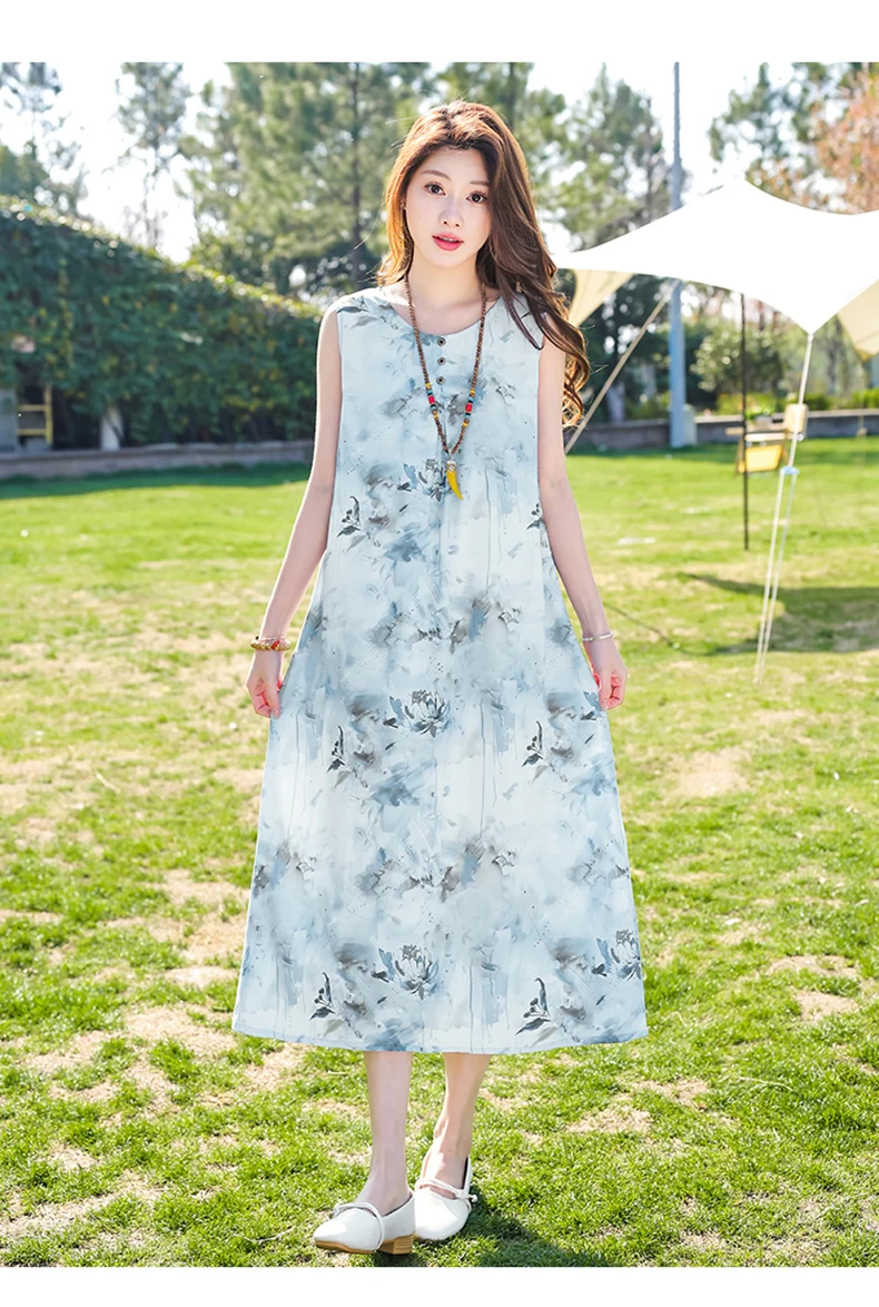 New Fashion Casual Style 2026 Summer Dresses For Women V-neck Cotton Robe Femme Vintage A-line Solid Dress Women Clothing