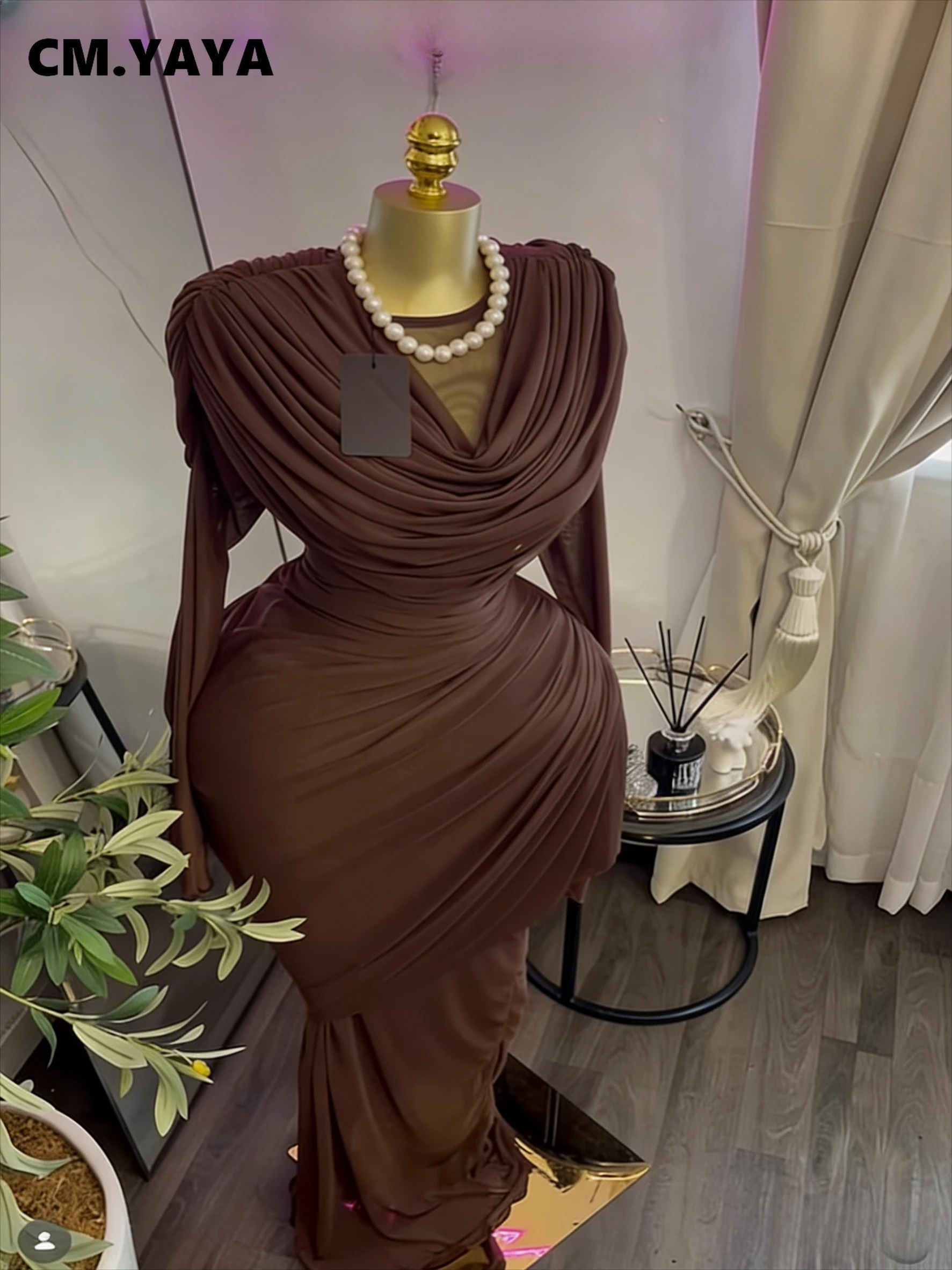 CM.YAYA Women O-neck Pile Collar Long Sleeve Ruched Maxi Long Dress 2026 Spring Sexy Cocktail Birthday Holiday Party Dresses