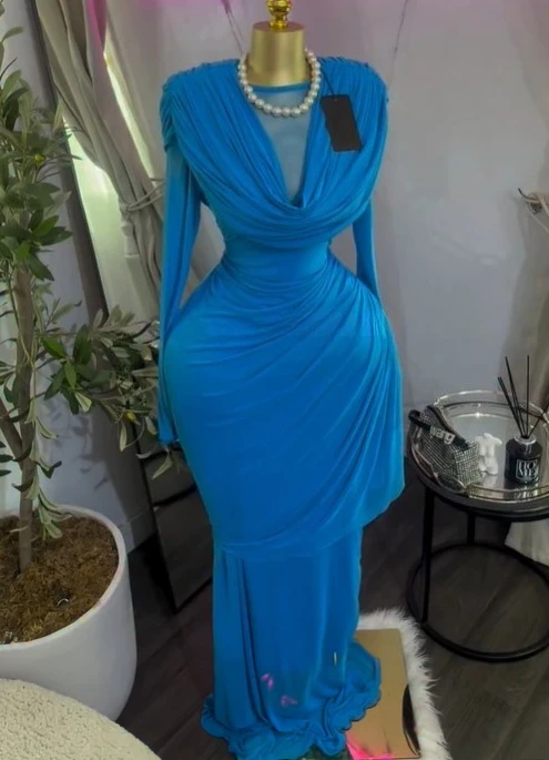 CM.YAYA Women O-neck Pile Collar Long Sleeve Ruched Maxi Long Dress 2026 Spring Sexy Cocktail Birthday Holiday Party Dresses