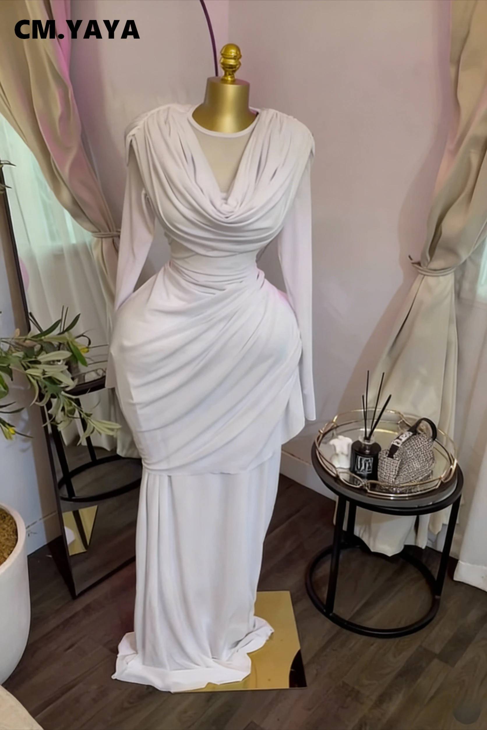 CM.YAYA Women O-neck Pile Collar Long Sleeve Ruched Maxi Long Dress 2026 Spring Sexy Cocktail Birthday Holiday Party Dresses