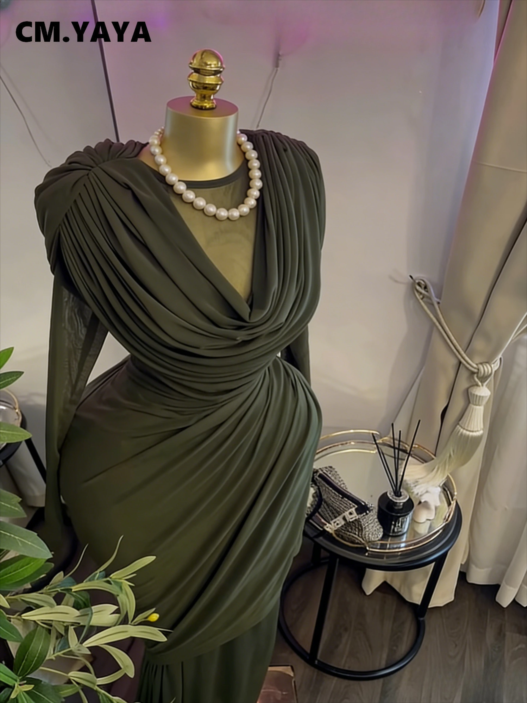 CM.YAYA Women O-neck Pile Collar Long Sleeve Ruched Maxi Long Dress 2026 Spring Sexy Cocktail Birthday Holiday Party Dresses