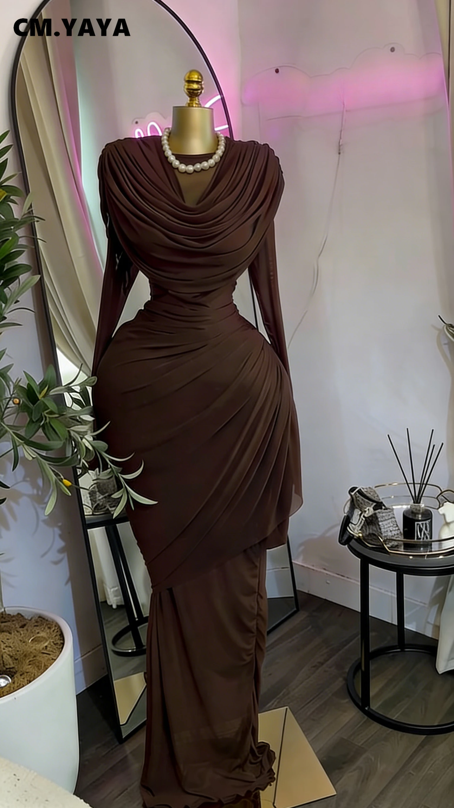 CM.YAYA Women O-neck Pile Collar Long Sleeve Ruched Maxi Long Dress 2026 Spring Sexy Cocktail Birthday Holiday Party Dresses
