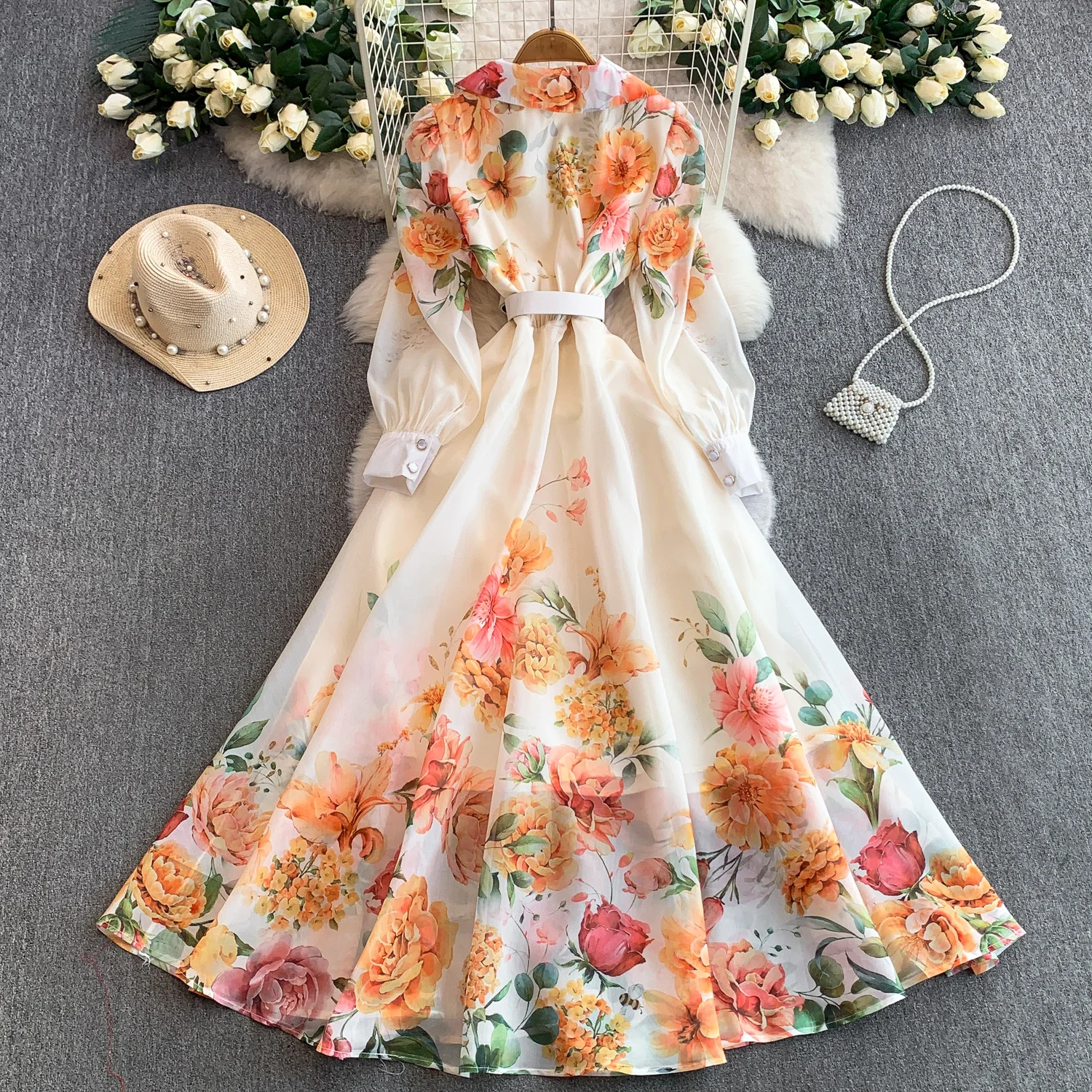 Elegant Print Flower Bandage Dress Women's Notched V-Neck Long Lantern Sleeve Waist-cinching Belt Maxi Vestidos Holiday