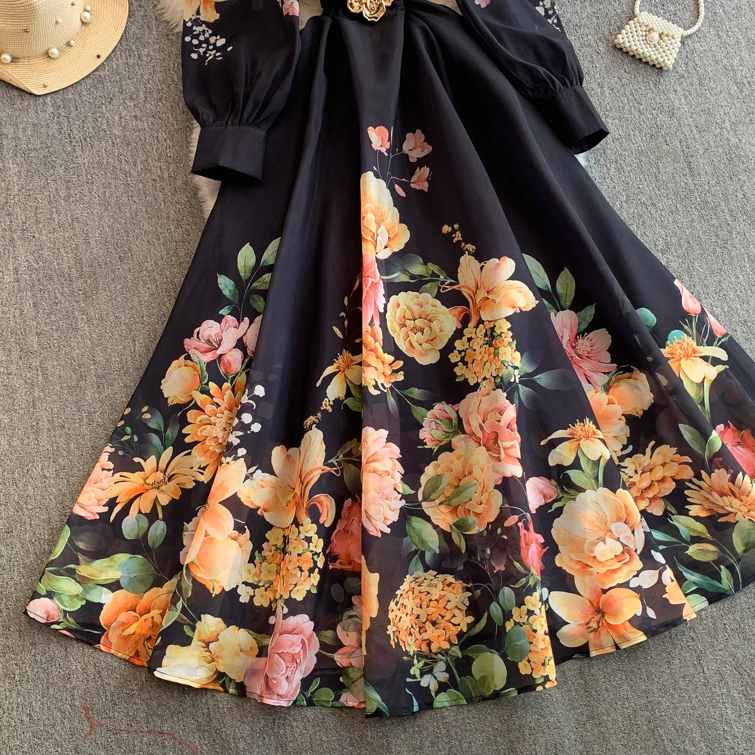 Elegant Print Flower Bandage Dress Women's Notched V-Neck Long Lantern Sleeve Waist-cinching Belt Maxi Vestidos Holiday