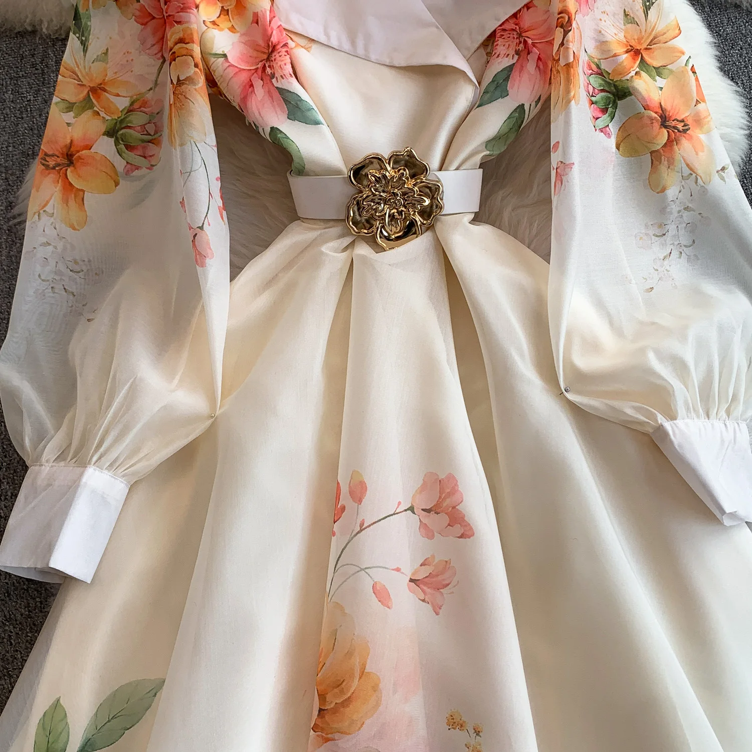 Elegant Print Flower Bandage Dress Women's Notched V-Neck Long Lantern Sleeve Waist-cinching Belt Maxi Vestidos Holiday