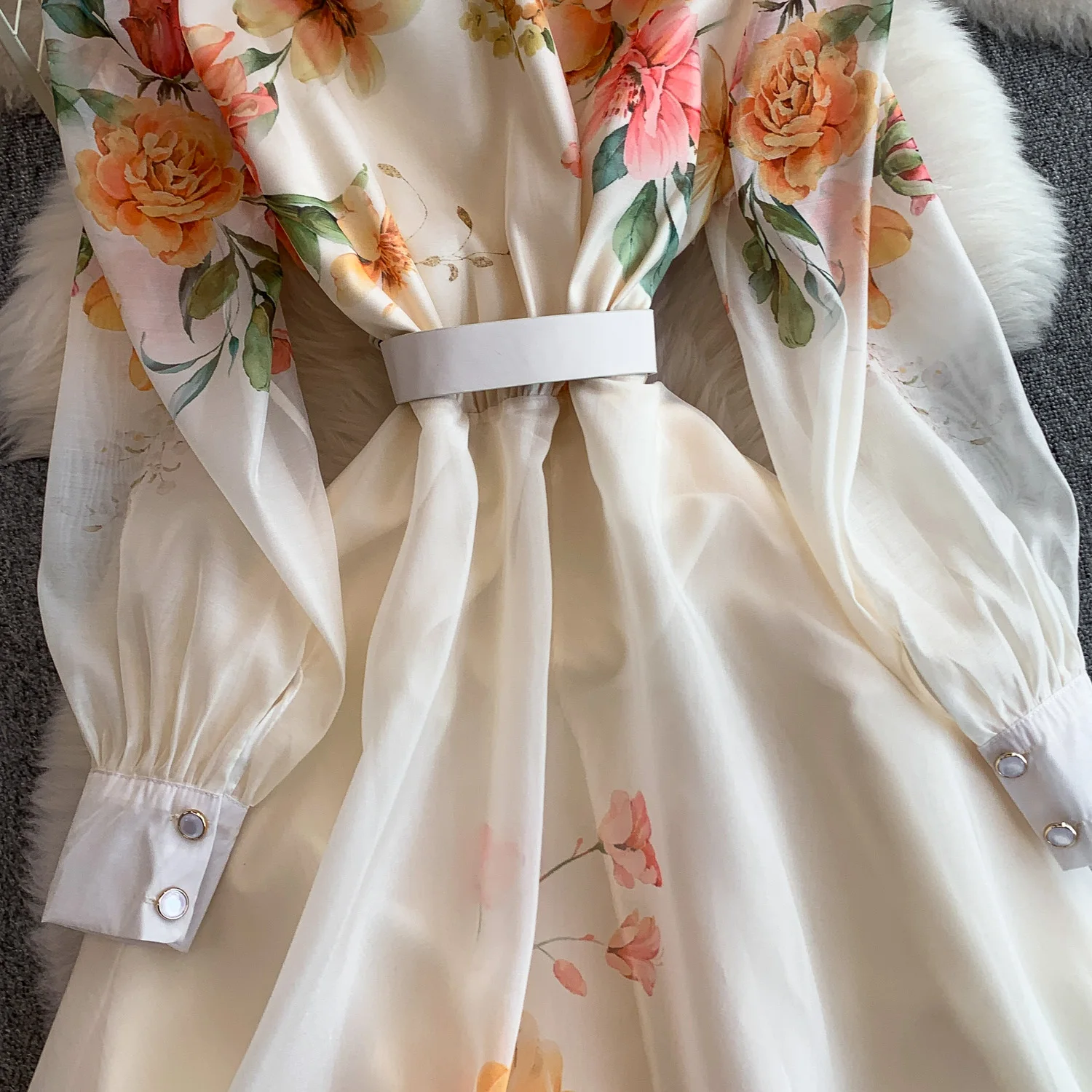 Elegant Print Flower Bandage Dress Women's Notched V-Neck Long Lantern Sleeve Waist-cinching Belt Maxi Vestidos Holiday