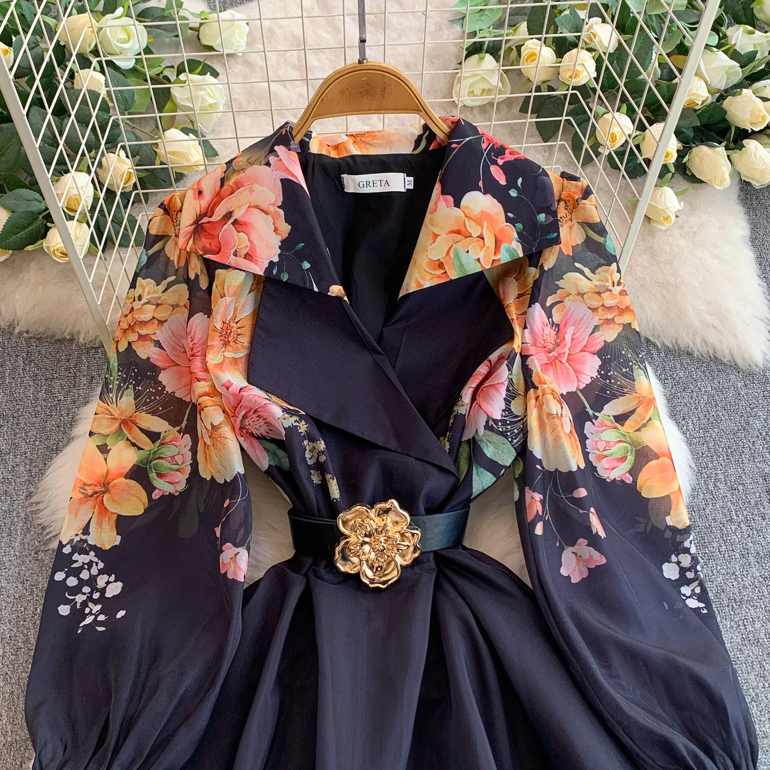 Elegant Print Flower Bandage Dress Women's Notched V-Neck Long Lantern Sleeve Waist-cinching Belt Maxi Vestidos Holiday